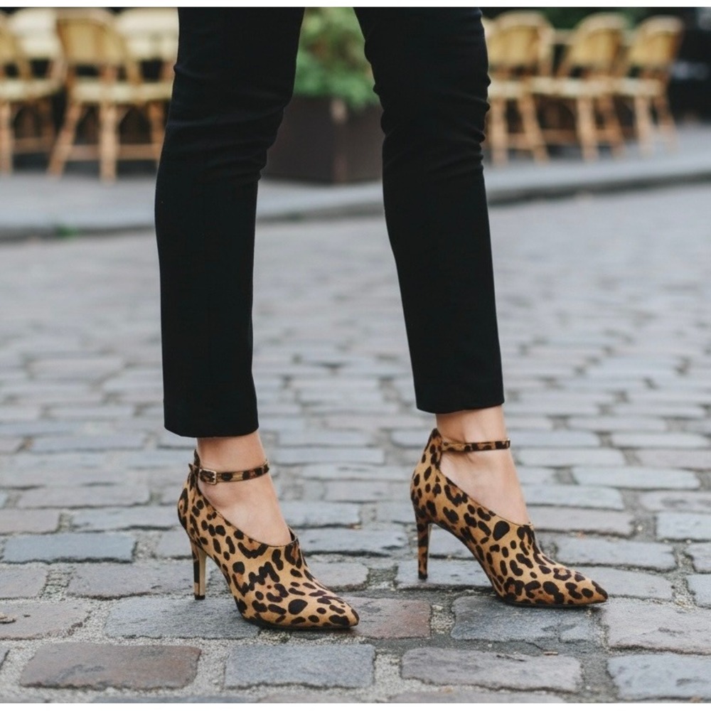 ASOS Leopard Print Ankle Strap Bootie Heels Womens SZ 4 Pointed Toe Coquette Y2K